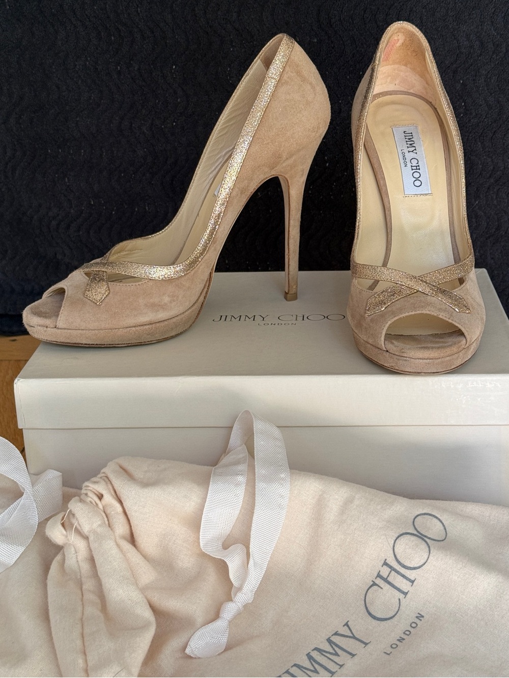 Vintage Jimmy Choo Glitter Beige Suede Peep-Toe Platform Pumps w/box & dust bags